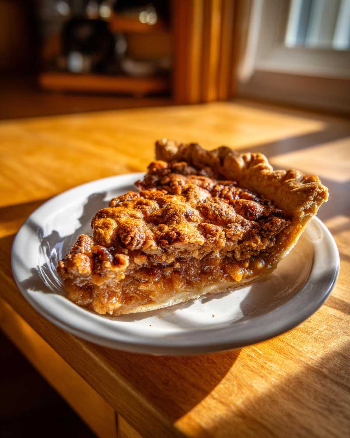 A close-up shot of a single slice of pecan pie cobbler on a white plate, showcasing its gooey filling and nutty topping.
