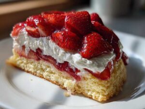 A close-up of a delicious slice of strawberry shortcake with whipped cream and fresh glazed strawberries on a white plate.