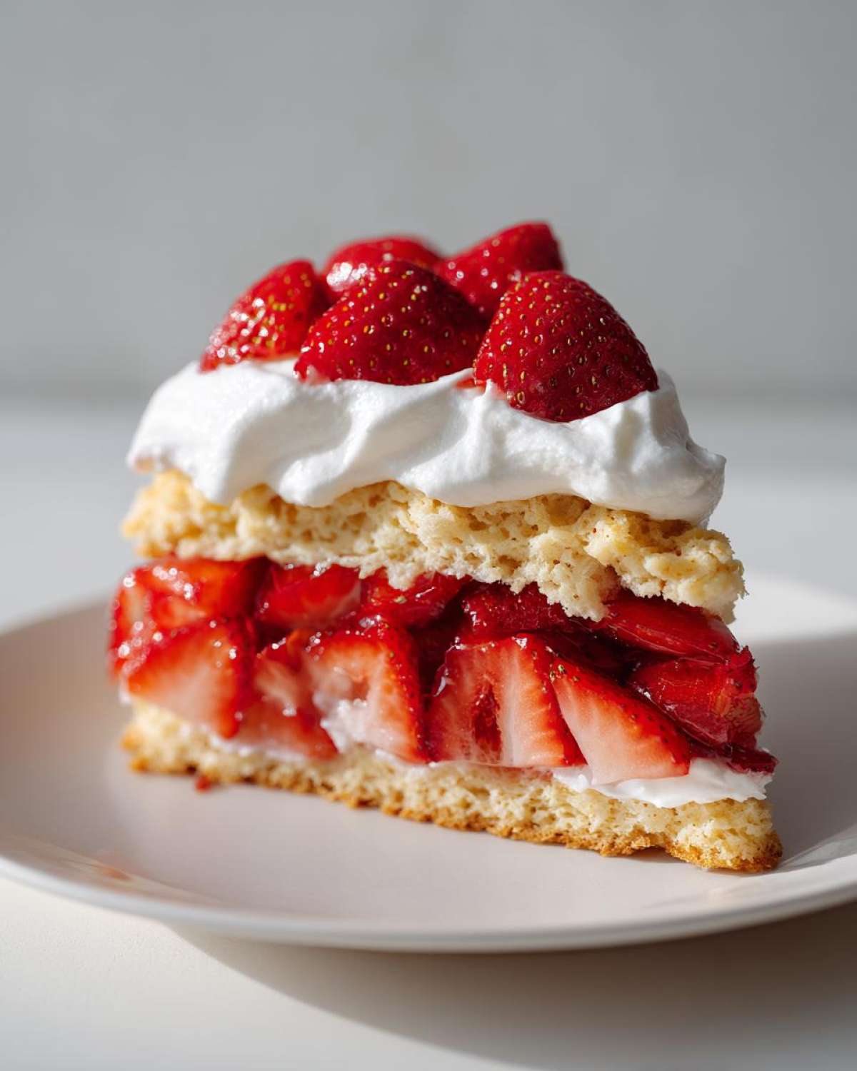 A close-up of a single slice of strawberry shortcake on a white plate, showing layers of biscuit, fresh strawberries, and whipped cream.