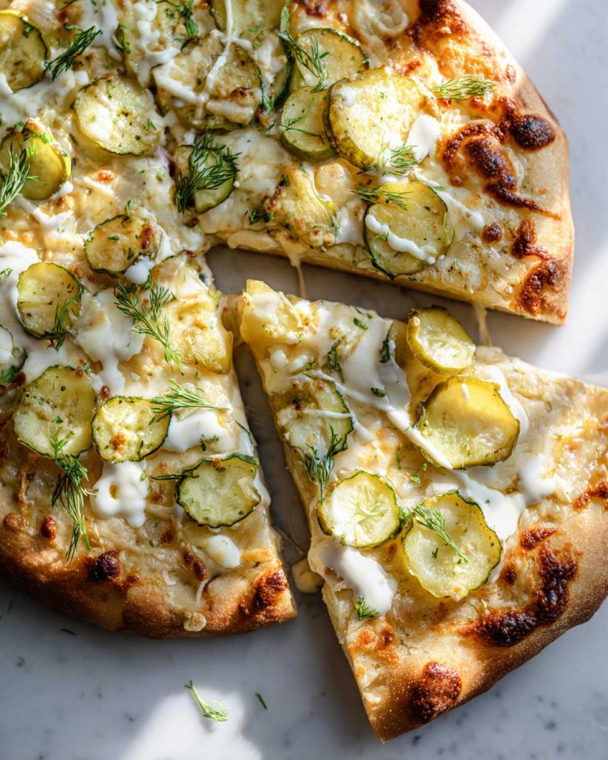 Close-up view of a slice of pickle pizza with dill and creamy sauce.