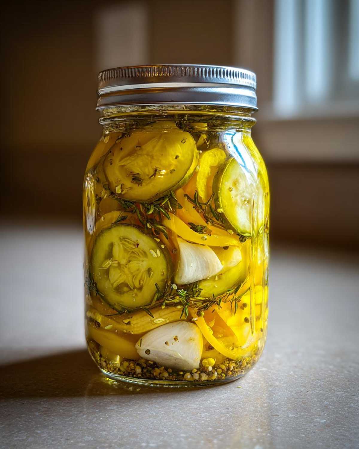 A clear glass mason jar filled with bright yellow pickled banana peppers, cucumber slices, garlic cloves, and herbs in a brine.