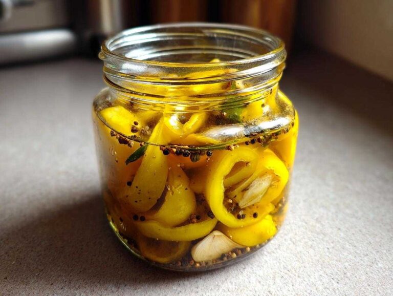 Close-up of a glass jar filled with bright yellow pickled banana peppers, garlic cloves, and pickling spices in brine.