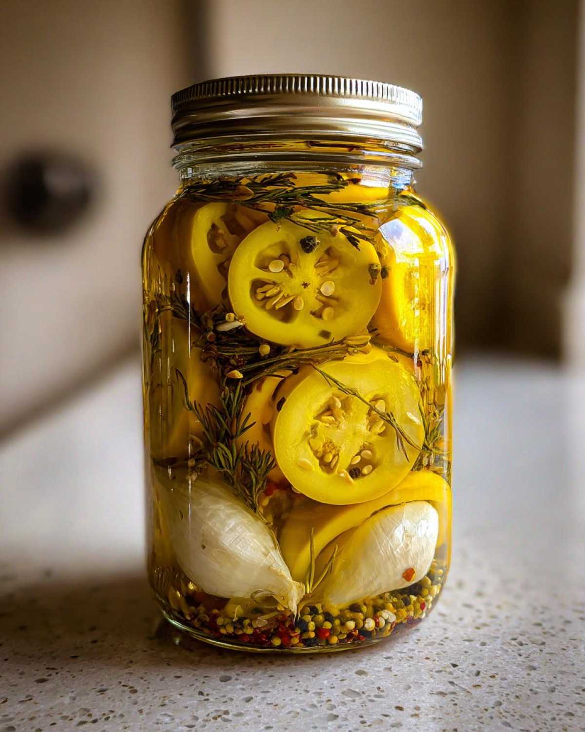 A clear glass jar filled with bright yellow sliced pickled banana peppers, whole garlic cloves, and green herbs in a pickling liquid.