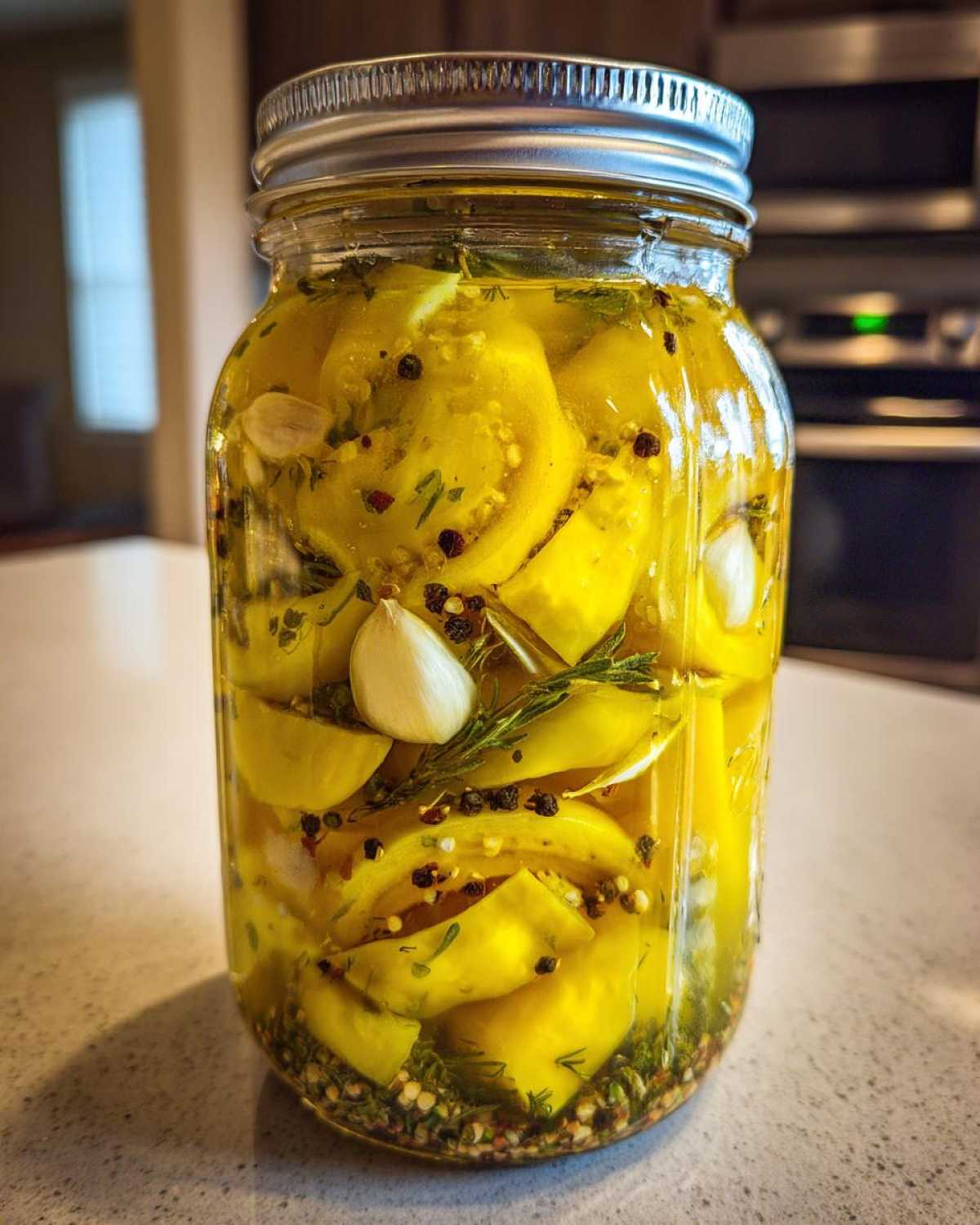 A clear glass mason jar filled with bright yellow pickled banana peppers, garlic cloves, and various spices.