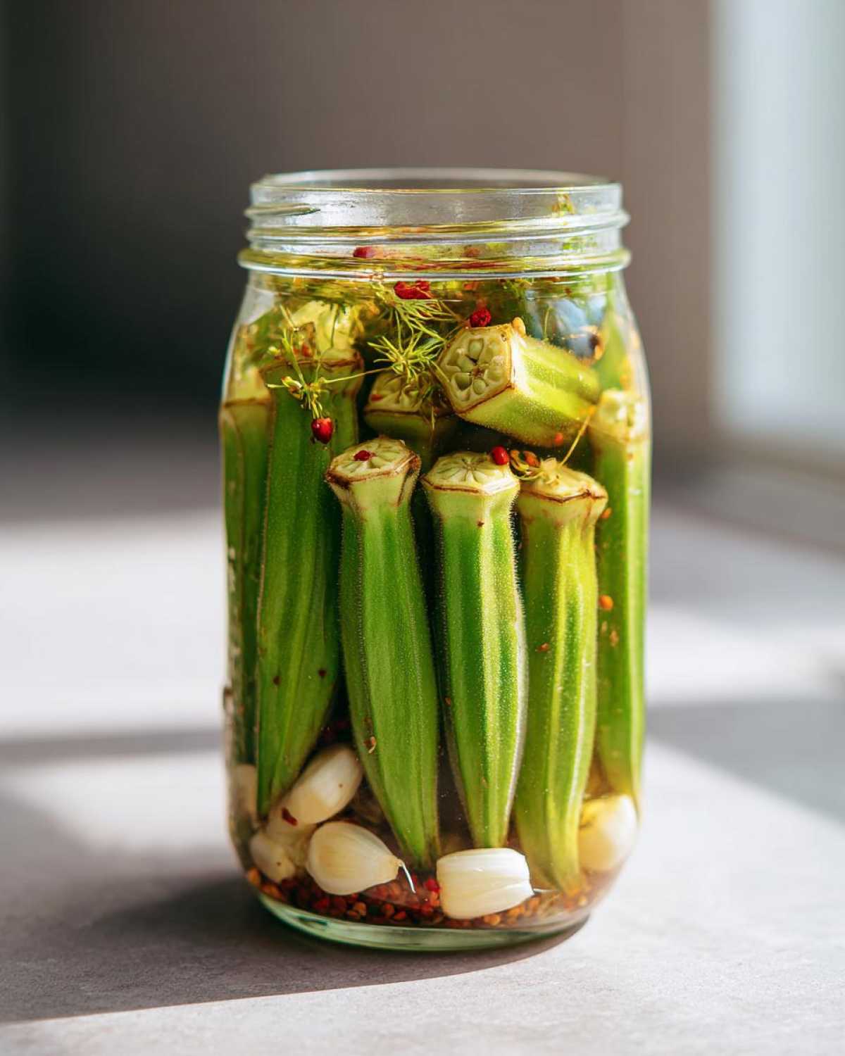 A clear glass jar filled with vibrant green pickled okra, garlic cloves, and red pepper flakes, sitting on a countertop.