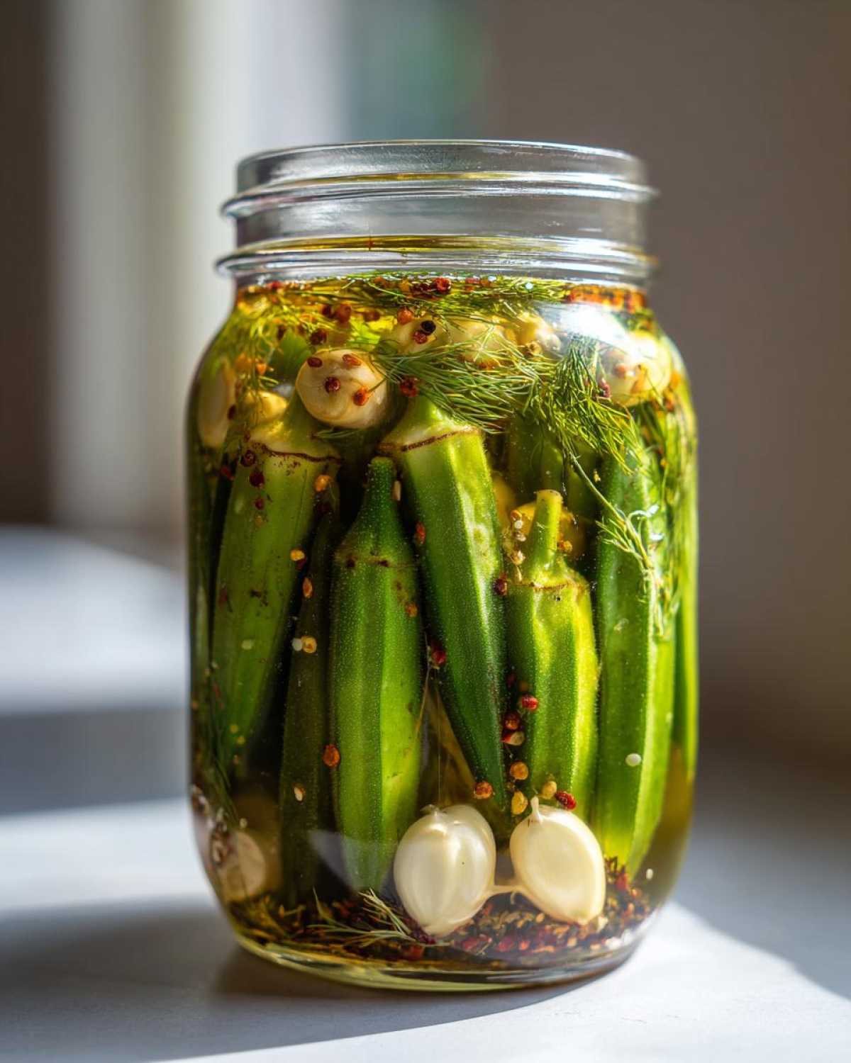A clear glass jar filled with vibrant green pickled okra pods, garlic cloves, dill, and red pepper flakes.