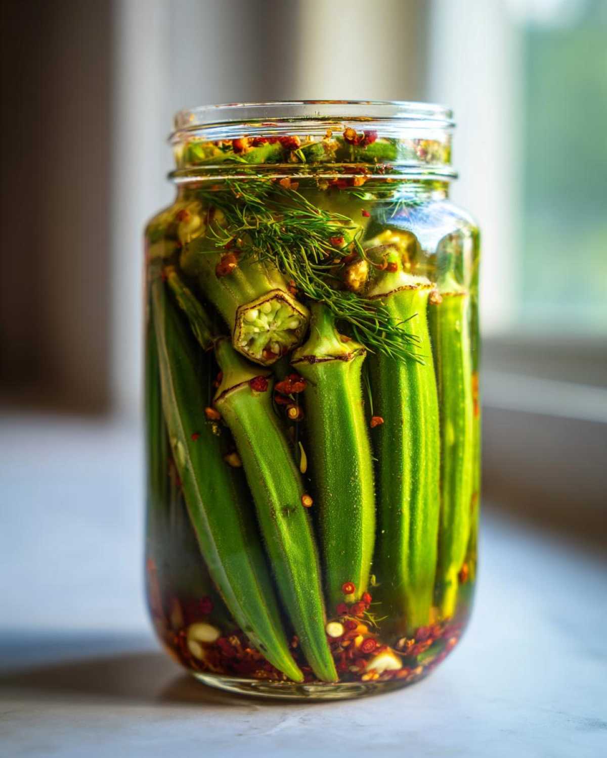 A close-up shot of a clear glass jar filled with vibrant green pickled okra, dill, and red pepper flakes.