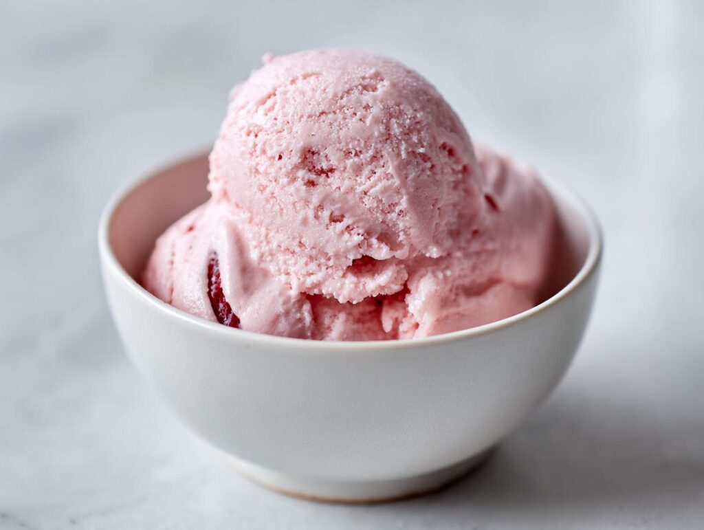 A close-up of a white bowl filled with scoops of pink cottage cheese ice cream, showing a smooth, creamy texture.