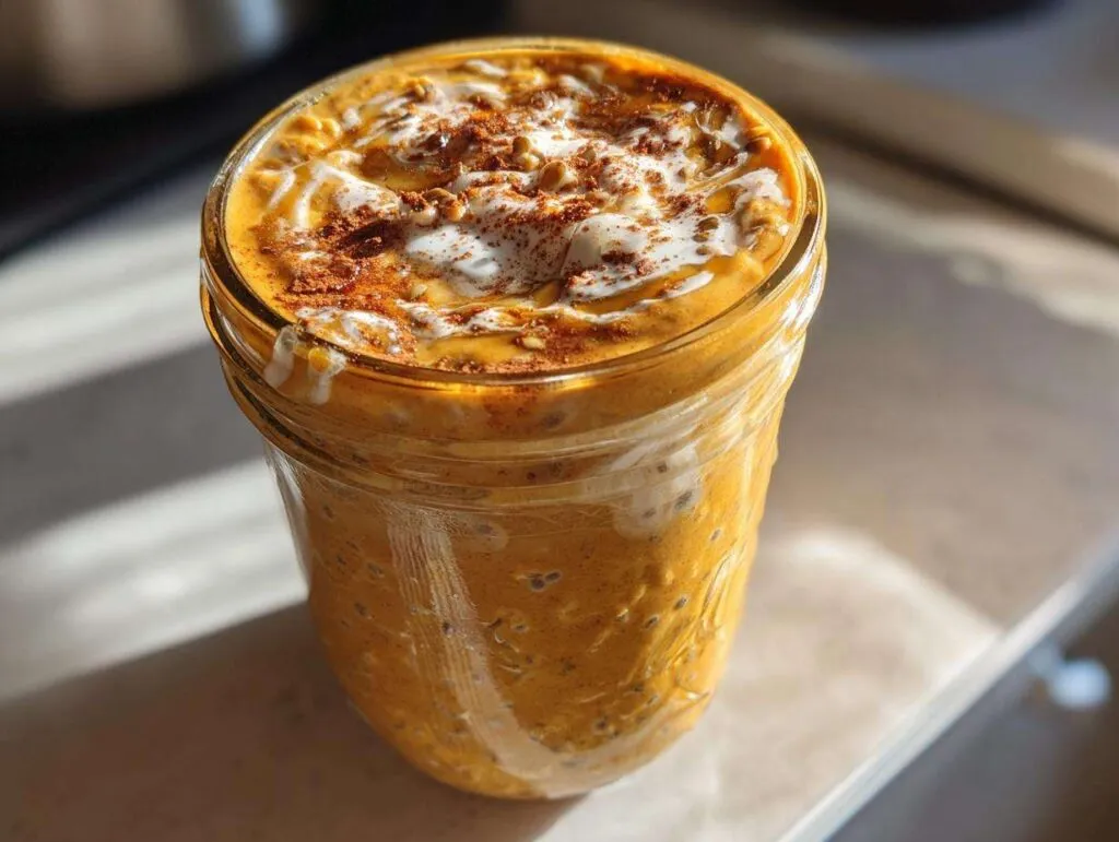 Close-up of creamy pumpkin overnight oats in a glass jar, topped with yogurt, cinnamon, and seeds.