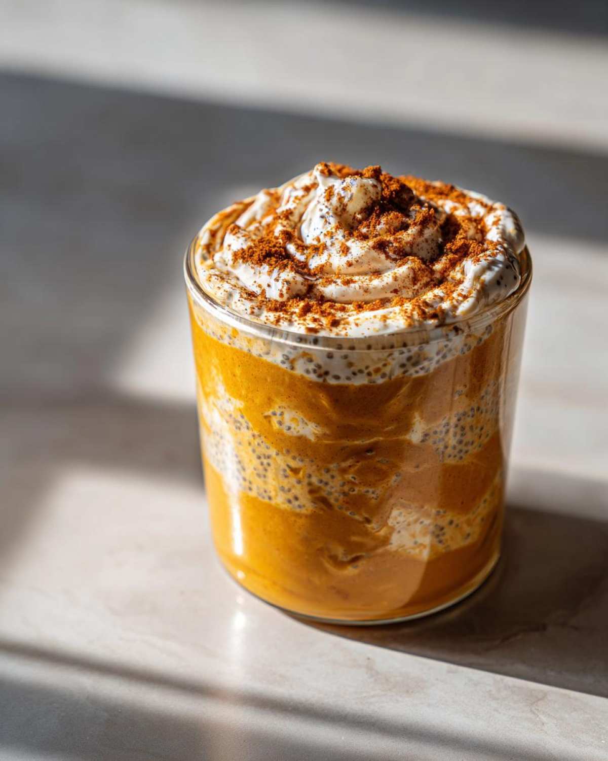 A glass jar filled with layered pumpkin overnight oats, topped with whipped cream and a sprinkle of cinnamon.