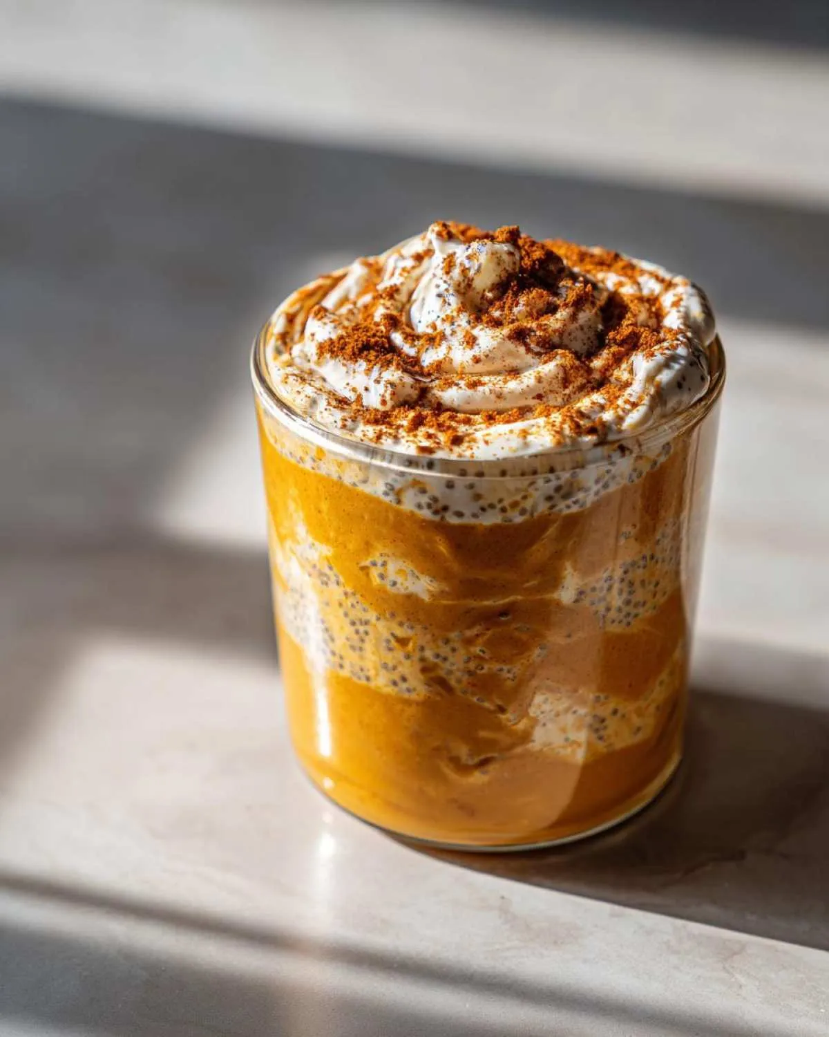 A glass jar filled with layered pumpkin overnight oats, topped with whipped cream and a sprinkle of cinnamon.