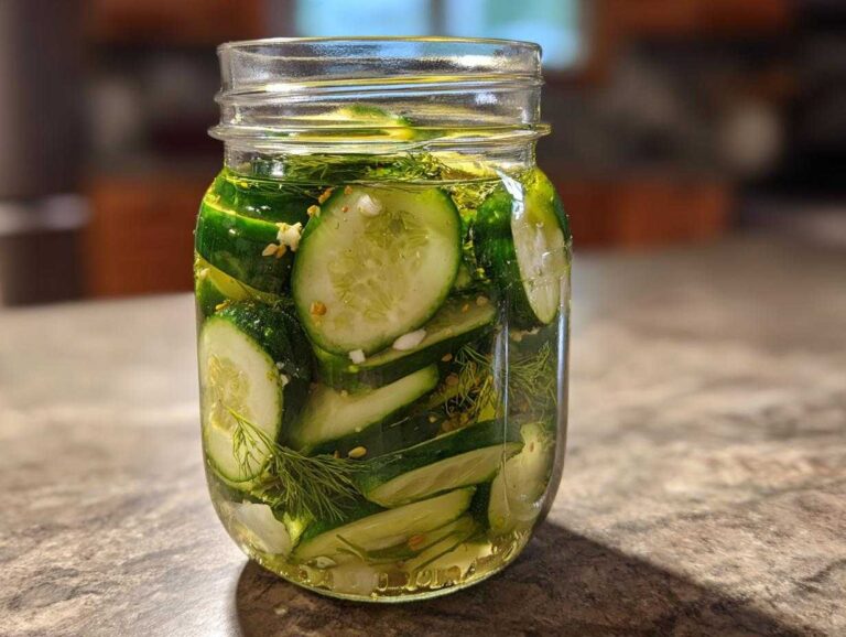 A clear glass mason jar filled with sliced cucumbers, fresh dill, and garlic cloves in a brine, making refrigerator pickles.