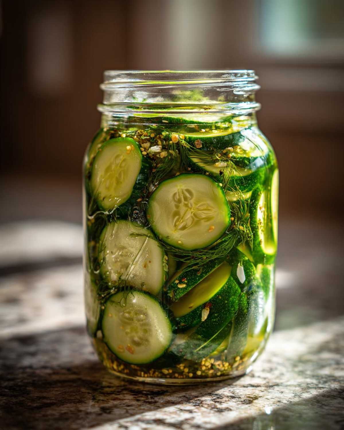 A clear glass jar filled with sliced cucumbers, dill, and pickling spices, ready to become refrigerator pickles.