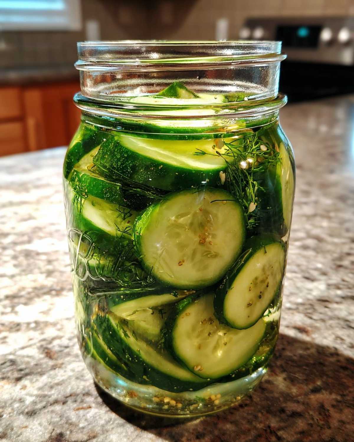 A clear glass jar filled with sliced cucumbers, dill, and pickling spices, ready to be made into refrigerator pickles.