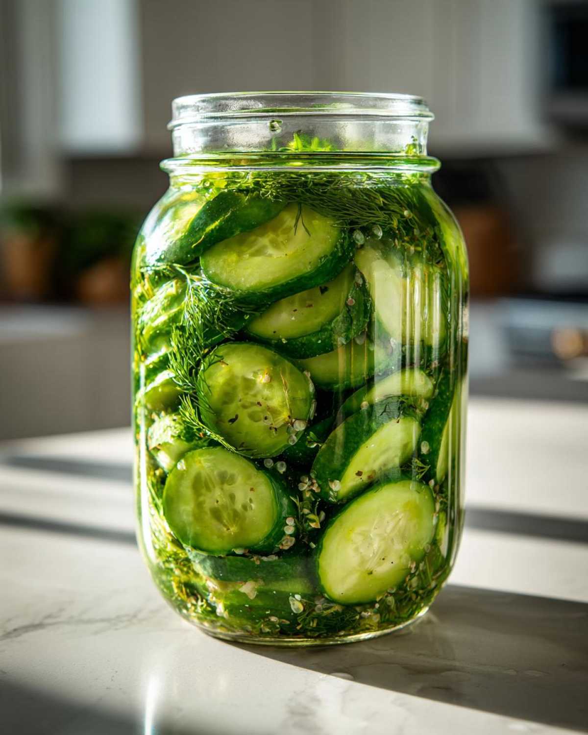 A clear glass mason jar filled with sliced cucumbers, fresh dill, and pickling spices, ready to become refrigerator pickles.