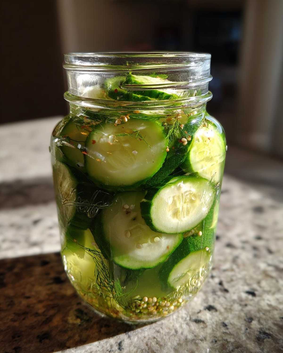 A clear glass mason jar filled with sliced cucumber refrigerator pickles, dill sprigs, and pickling spices.