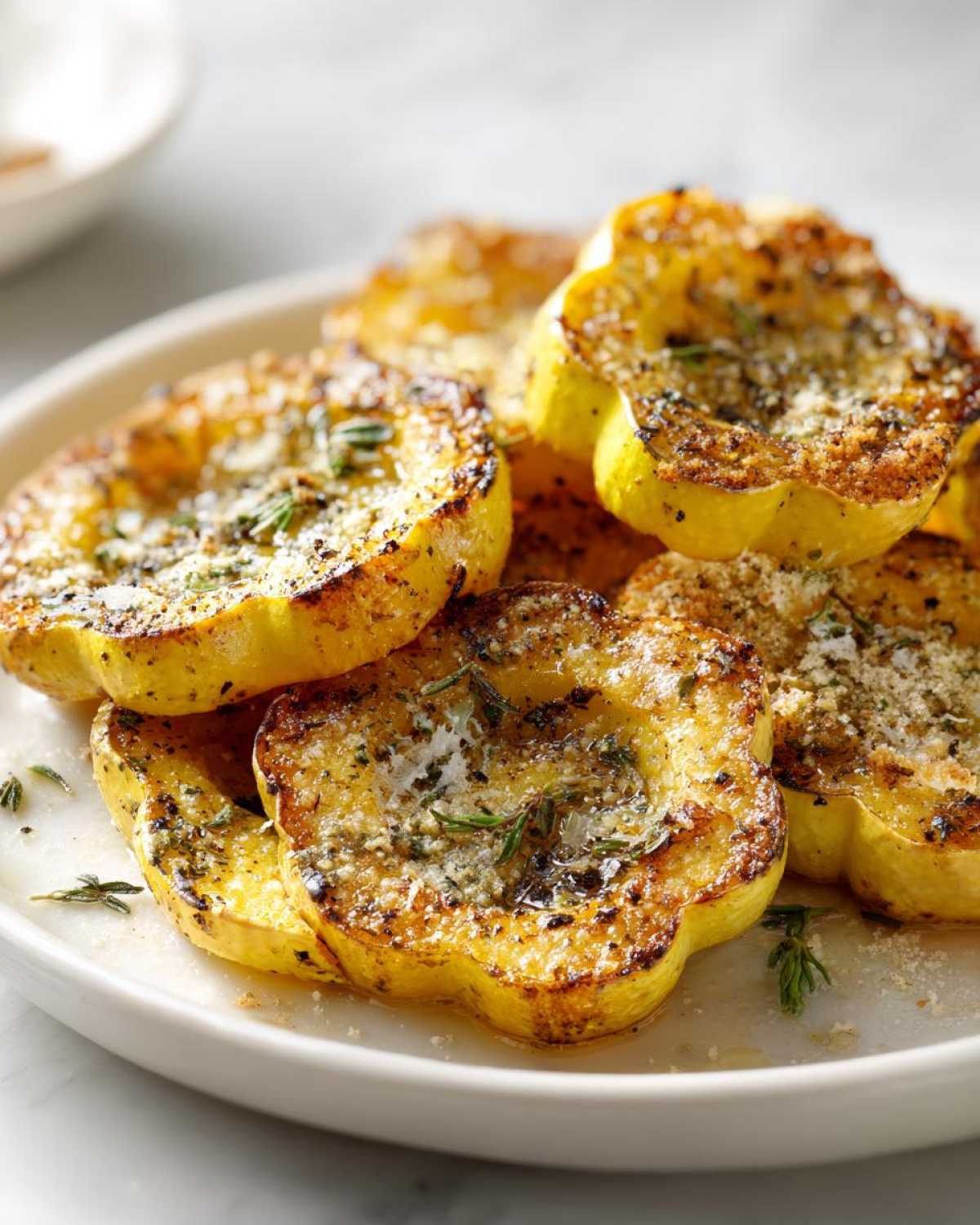 Close-up of roasted patty pan squash slices on a white plate, seasoned with herbs, garlic, and grated cheese.