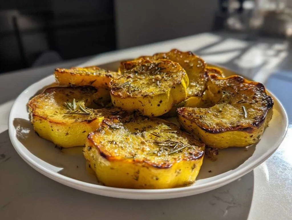 Close-up of golden roasted patty pan squash slices seasoned with herbs and garlic on a white plate, ready for a patty pan squash recipe.