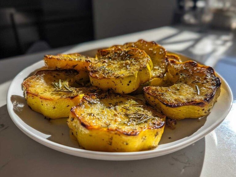 Close-up of golden roasted patty pan squash slices seasoned with herbs and garlic on a white plate, ready for a patty pan squash recipe.
