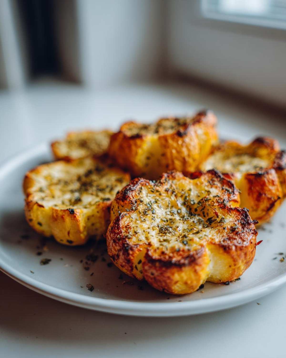 Close-up of several roasted patty pan squash halves on a white plate, topped with melted cheese and dried herbs.