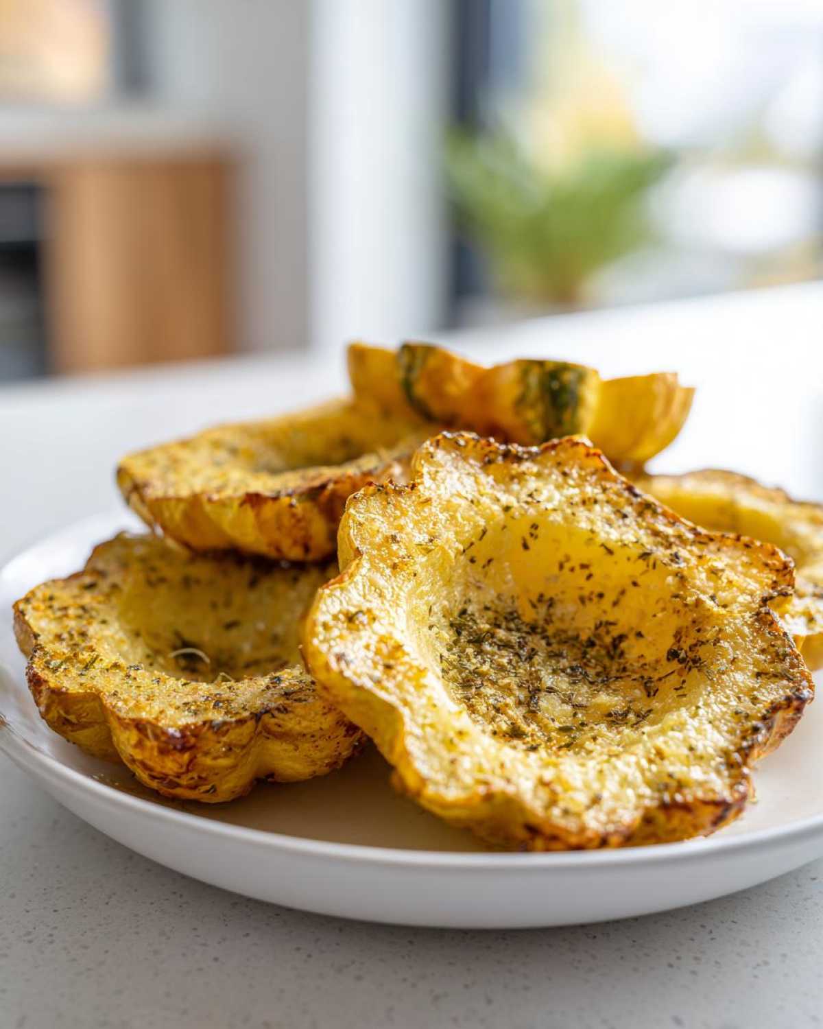 Close-up of roasted patty pan squash halves seasoned with herbs, on a white plate. This is a delicious patty pan squash recipe.