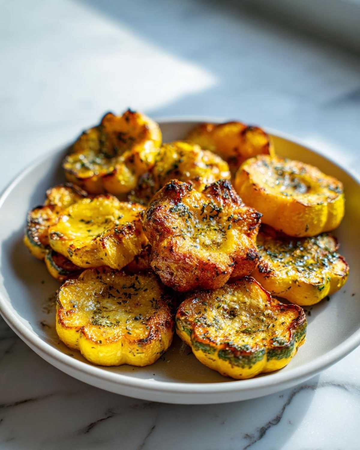 A close-up of a bowl filled with roasted yellow patty pan squash, seasoned with herbs and garlic.