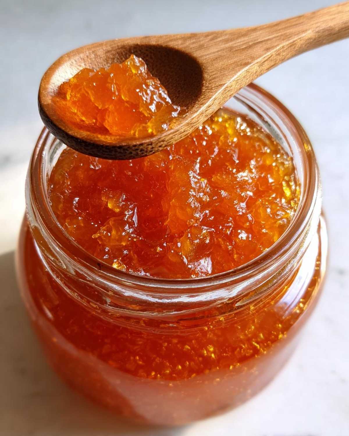 A wooden spoon holds a scoop of bright orange peach jam over a glass jar filled with more jam.