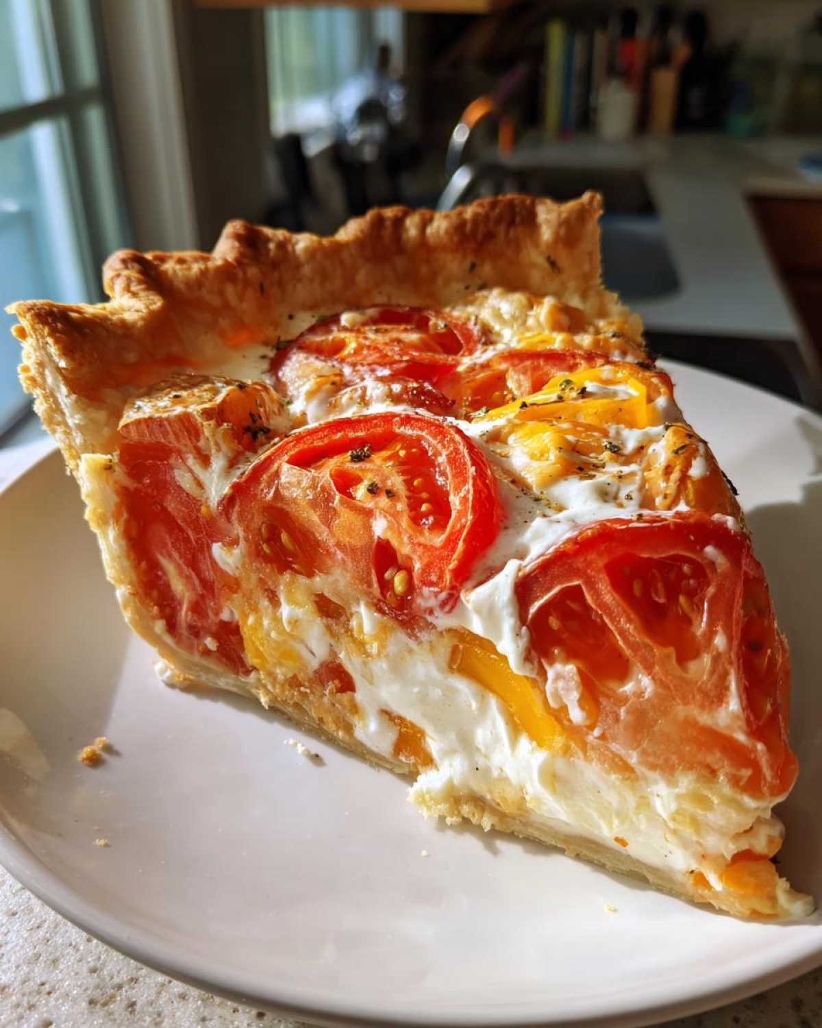 A close-up of a single slice of tomato pie on a white plate, showing layers of red and yellow tomatoes, creamy filling, and a golden crust. The tomato pie is garnished with herbs.