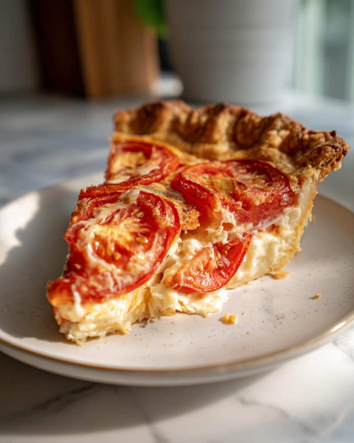 A close-up shot of a single slice of tomato pie on a white plate, showing layers of red tomatoes and creamy filling.