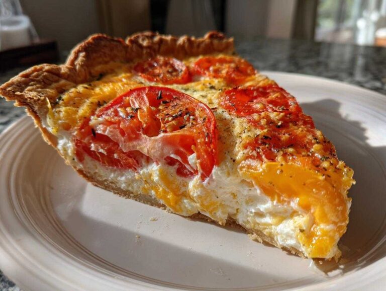 A close-up of a single slice of tomato pie on a white plate, showing layers of red tomatoes, white cheese, and a golden crust.