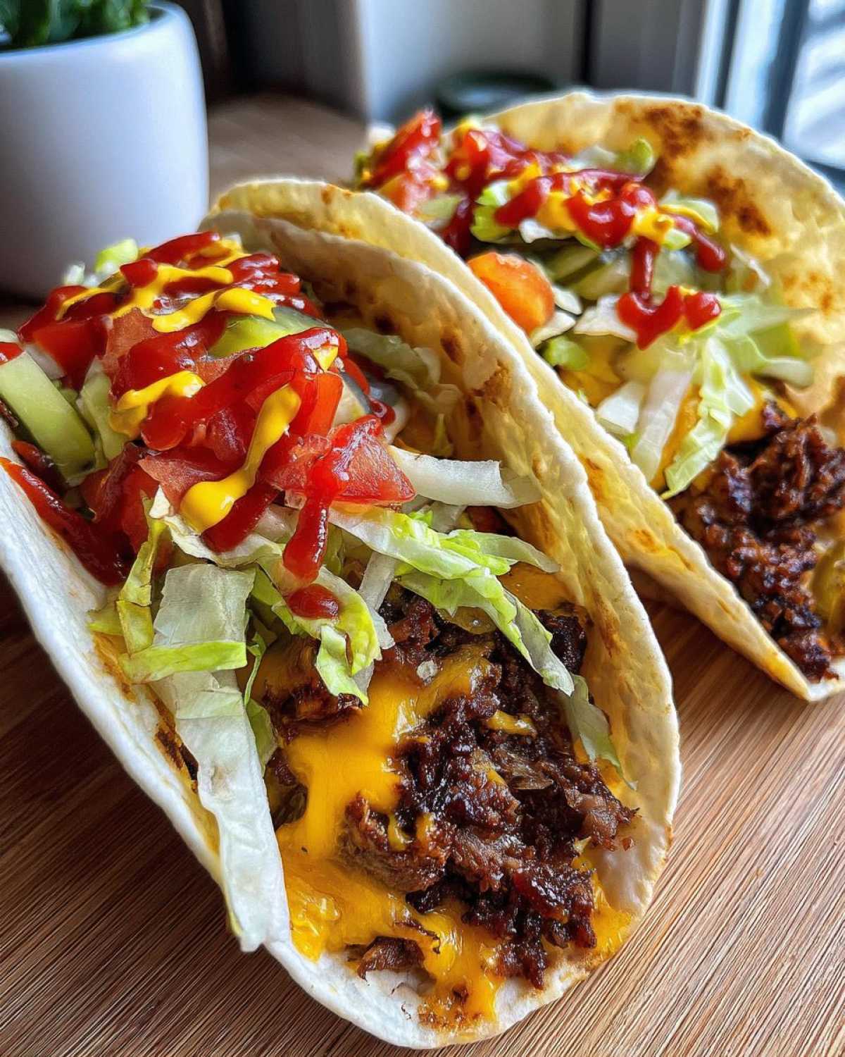 Two smash burger tacos filled with meat, melted cheese, lettuce, tomato, pickles, ketchup, and mustard.