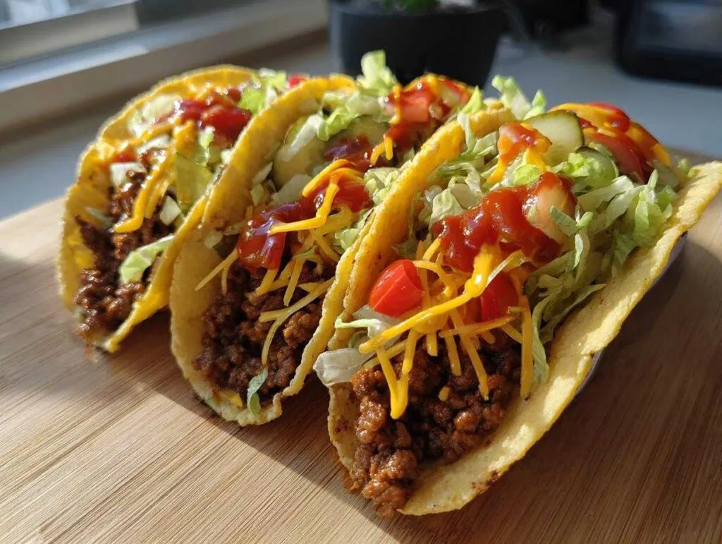 Close-up of three smash burger tacos filled with ground meat, cheese, lettuce, tomato, and sauce.