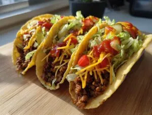 Close-up of three smash burger tacos filled with ground meat, cheese, lettuce, tomato, and sauce.