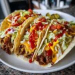 Three smash burger tacos on a white plate, topped with cheese, lettuce, tomato, ketchup, and mustard.