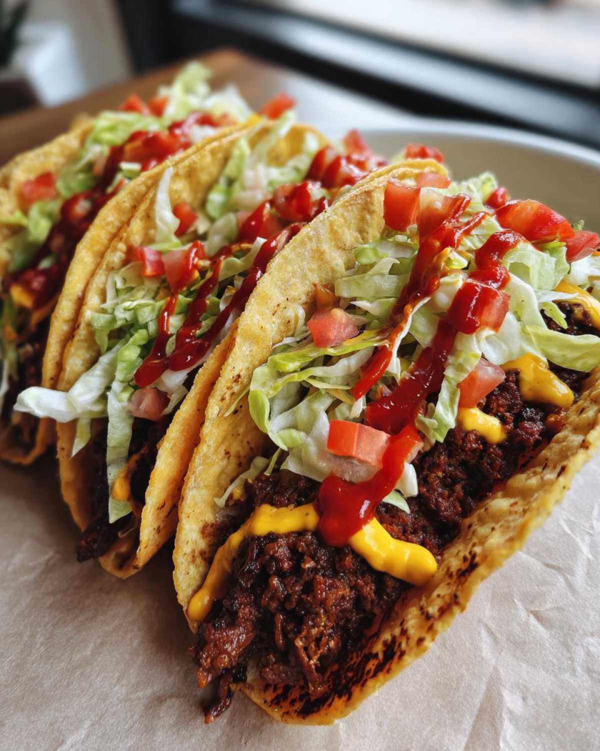 Three smash burger tacos lined up, filled with ground meat, melted cheese, shredded lettuce, diced tomatoes, and a drizzle of ketchup.