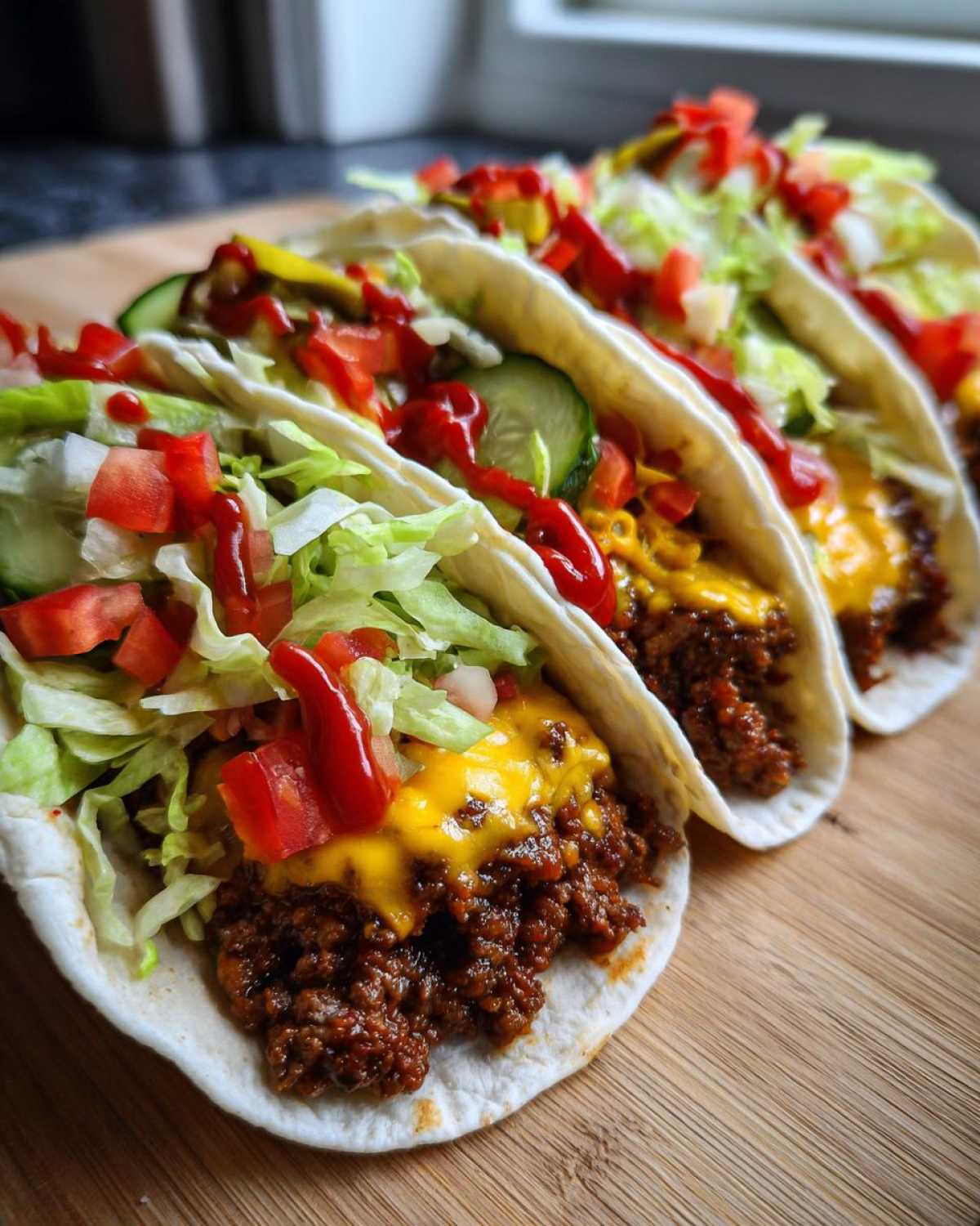 Three irresistible smash burger tacos filled with seasoned ground meat, melted cheese, shredded lettuce, diced tomatoes, and a drizzle of ketchup, on a wooden board.