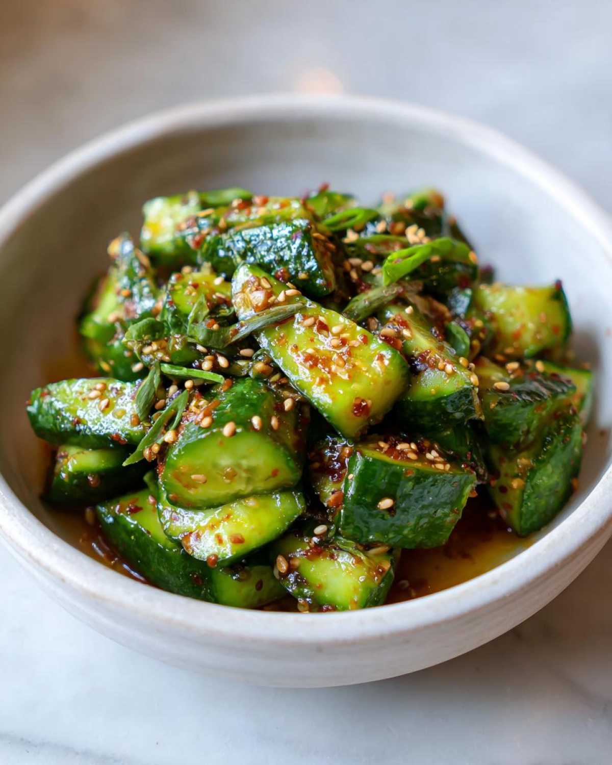 A close-up shot of a bowl filled with vibrant green smashed cucumber salad, garnished with sesame seeds and herbs.