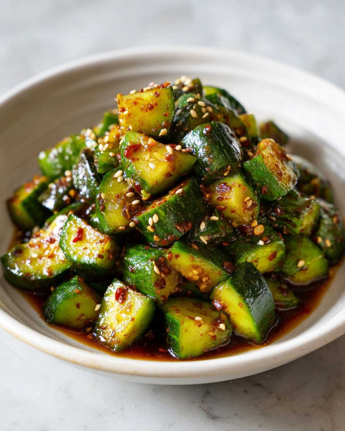 A close-up shot of a bowl of vibrant green smashed cucumber salad, coated in a dark, glossy dressing and sprinkled with sesame seeds and chili flakes.