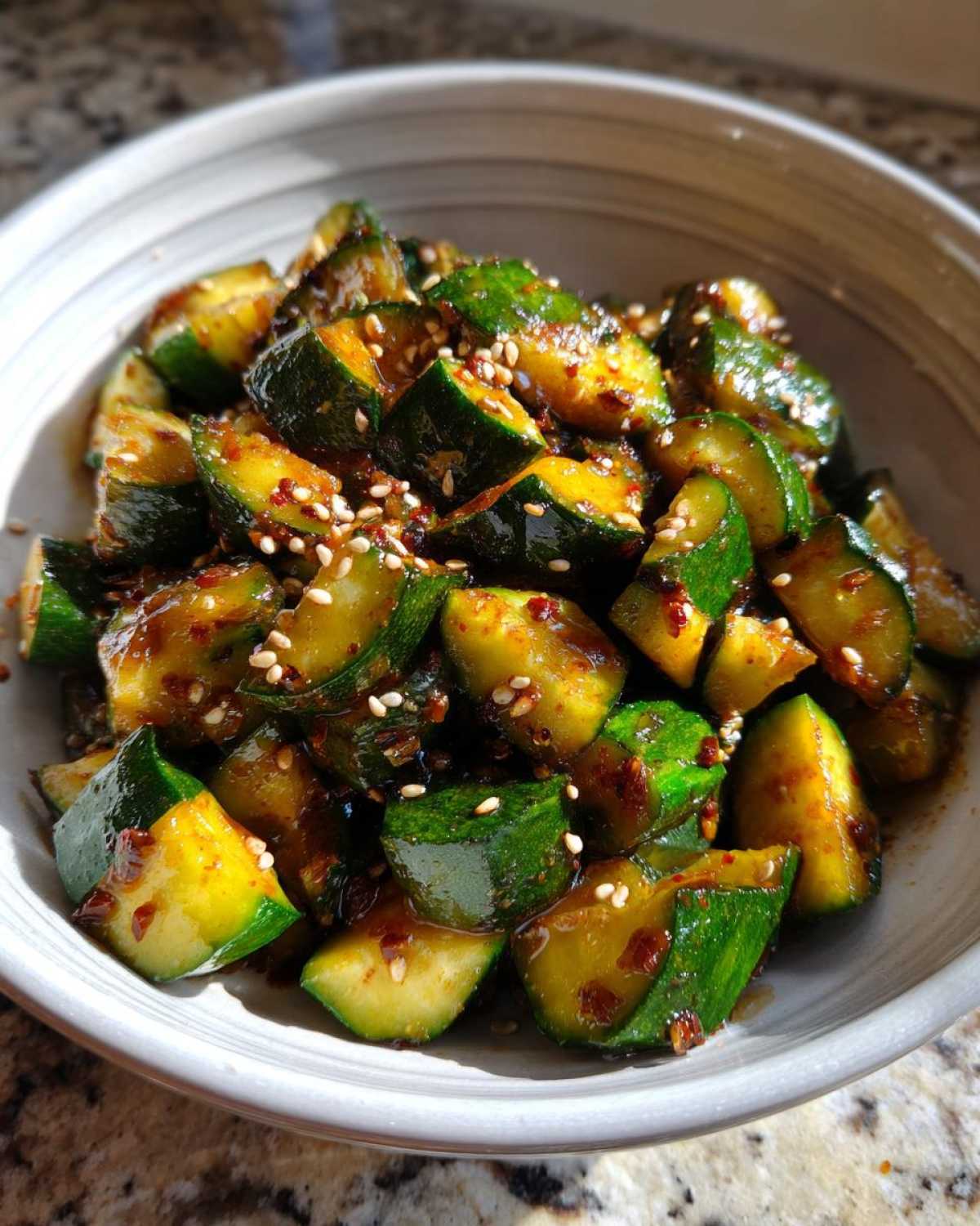 A close-up view of a bowl filled with vibrant green smashed cucumber salad, coated in a dark, spicy sauce and sprinkled with white sesame seeds.