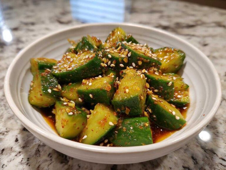 Close-up of a white bowl filled with vibrant green smashed cucumber salad, coated in a reddish-brown sauce and sprinkled with white sesame seeds.