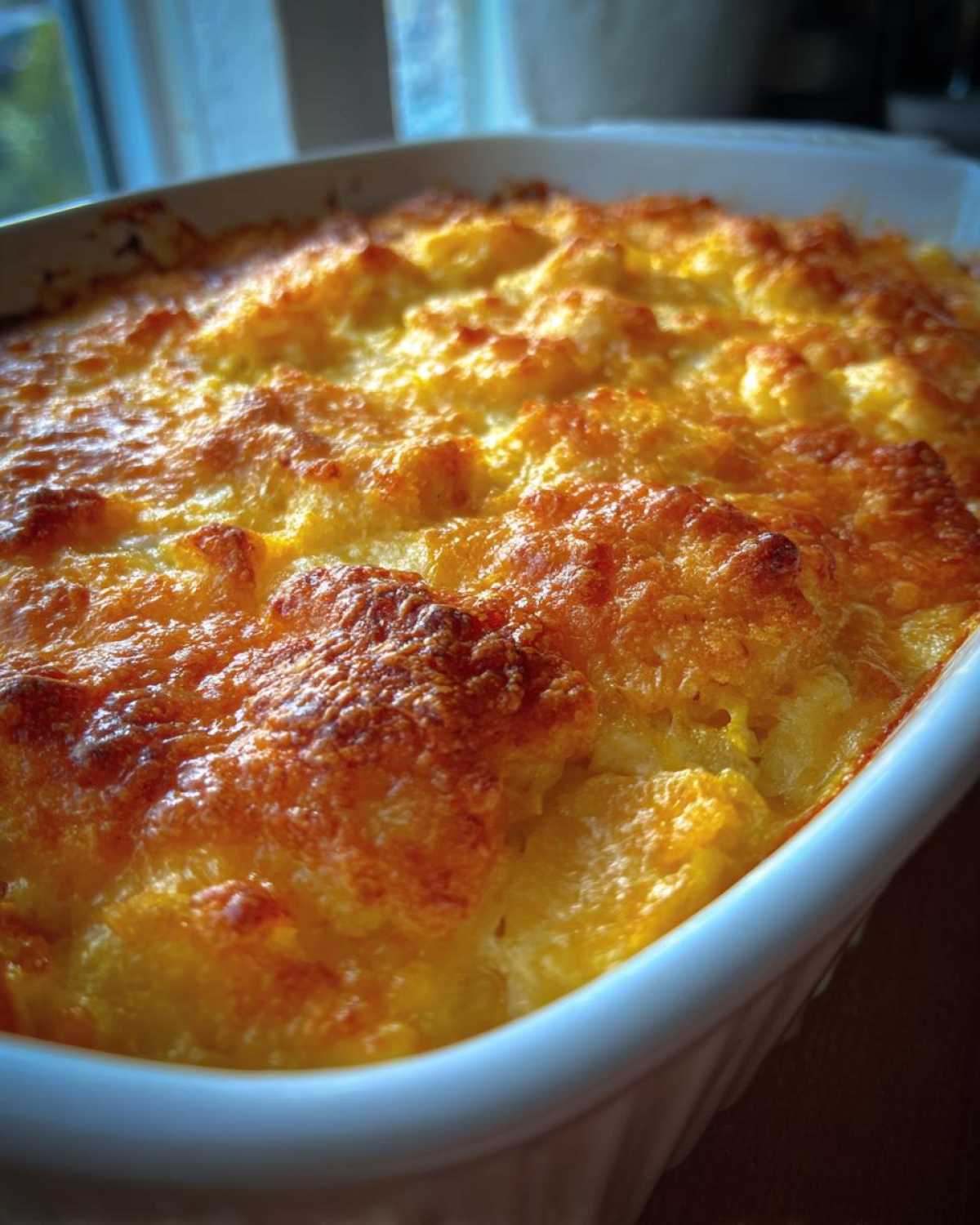 Close-up of a creamy squash casserole in a white baking dish with a golden brown, bubbly top.