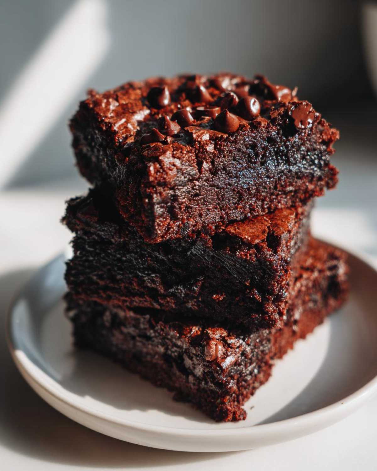 A stack of three dark, fudgy zucchini brownies on a white plate, with the top brownie garnished with chocolate chips.