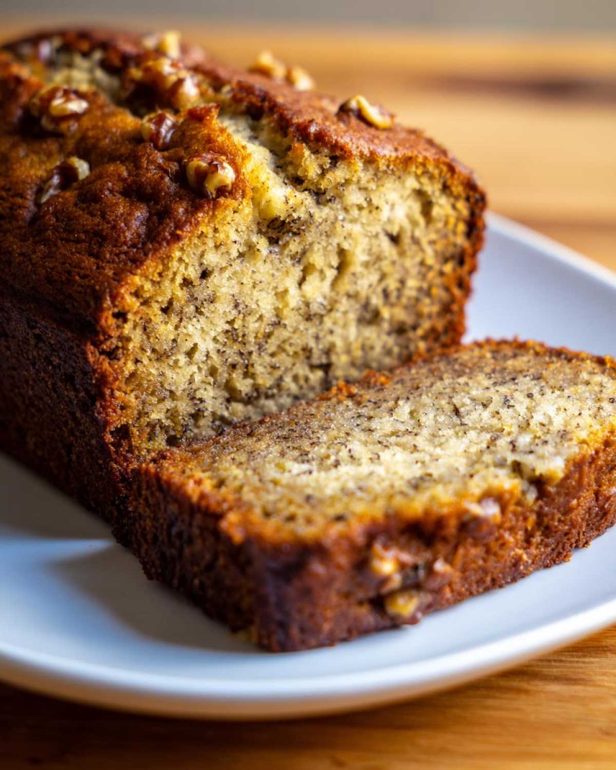 Close-up of a loaf of Starbucks banana bread with a slice cut, showing moist texture and walnuts.