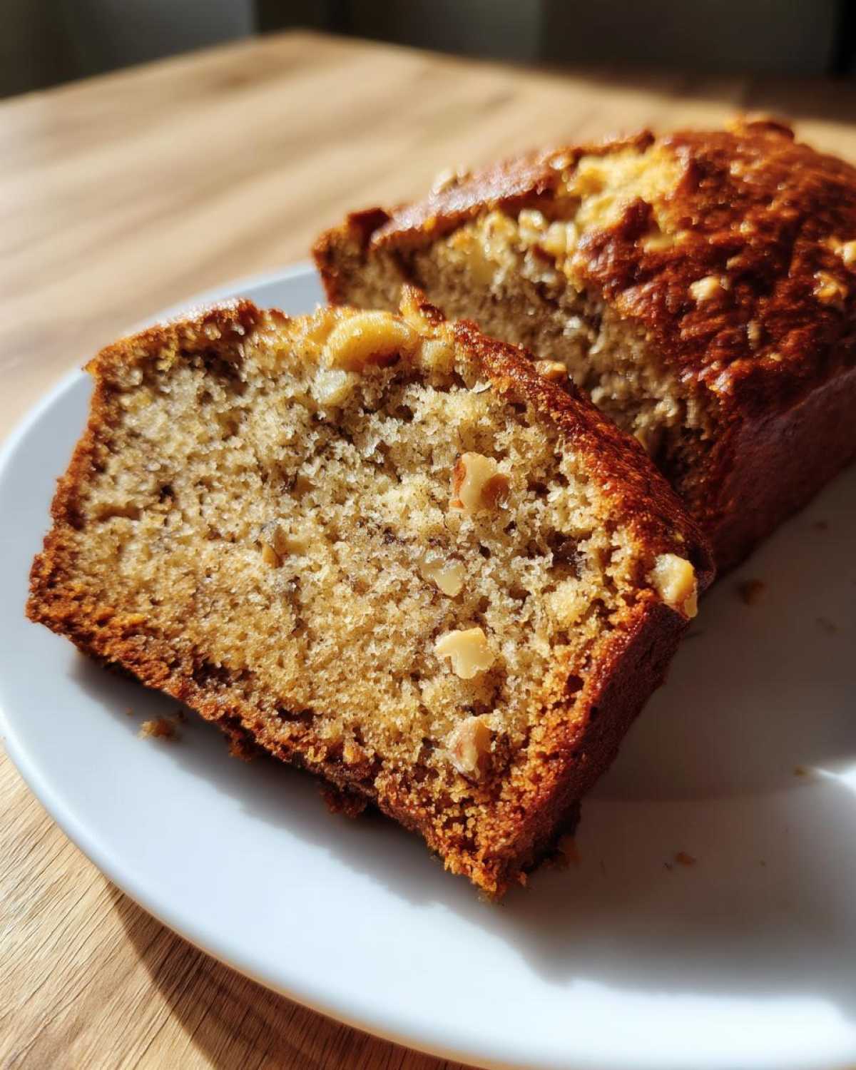Close-up of a slice of Starbucks banana bread with visible walnuts and a golden-brown crust, on a white plate.