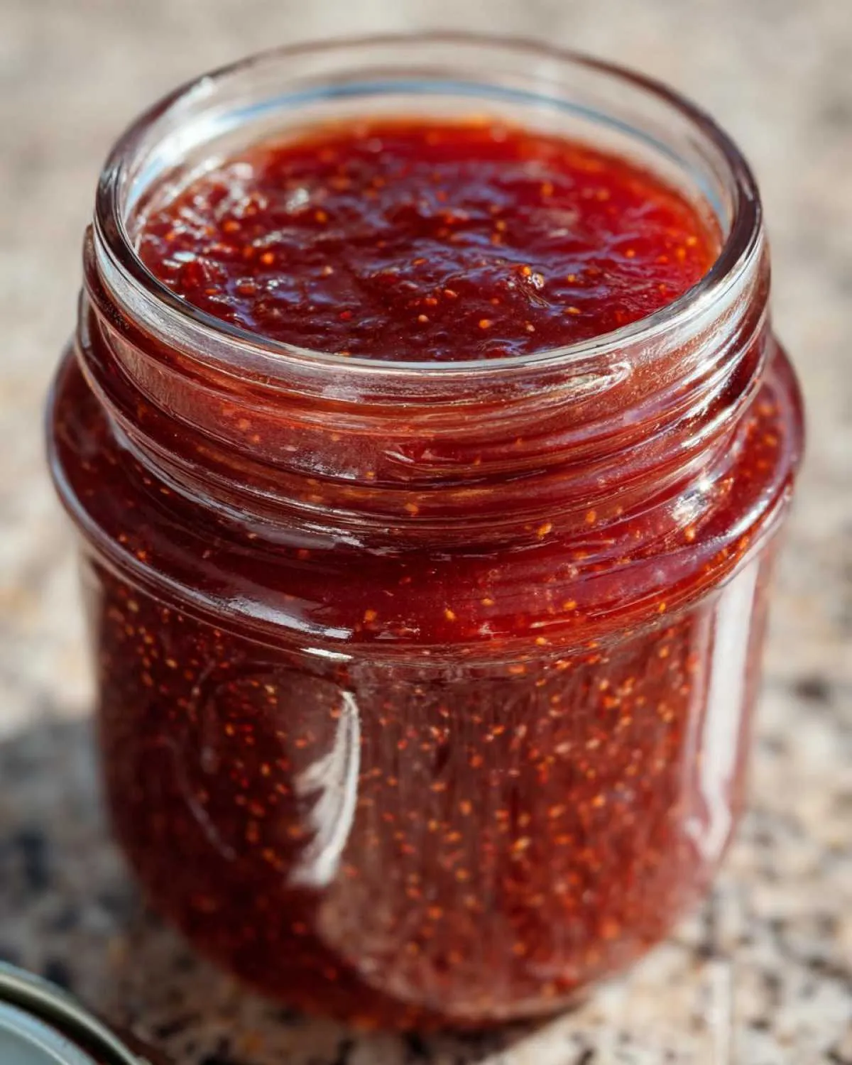 Close-up of a glass jar filled with homemade strawberry jam, showing the texture and seeds.