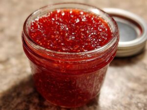 Close-up of a glass jar filled with vibrant red strawberry jam, with the lid slightly open in the background.