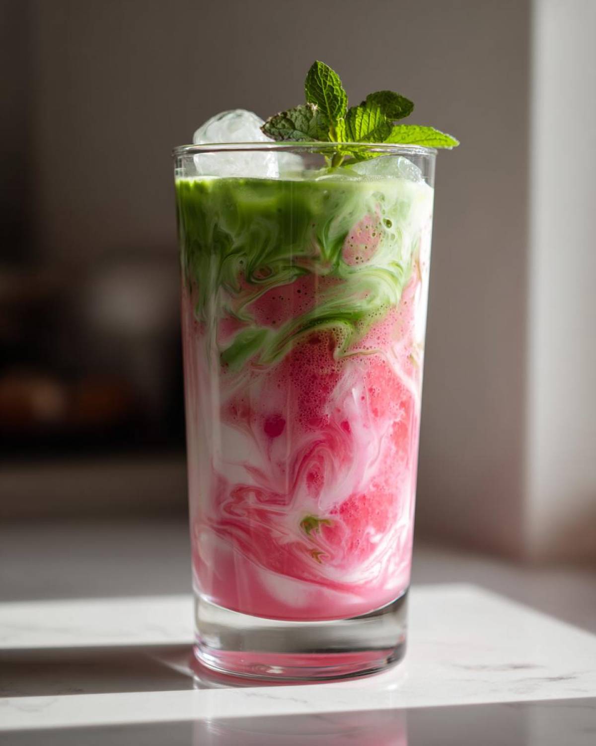 Close-up of a tall glass with a layered strawberry matcha latte, showing pink and green swirls with ice and mint.