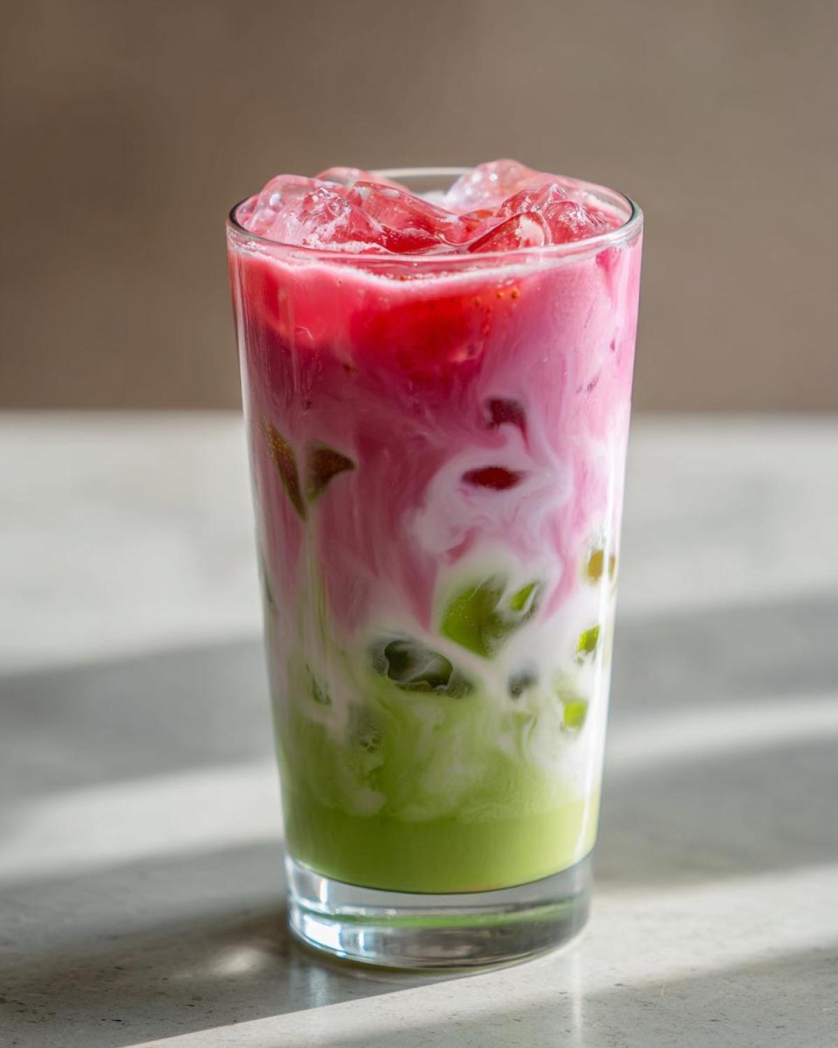 Close-up of a tall glass filled with a layered strawberry matcha latte with ice.