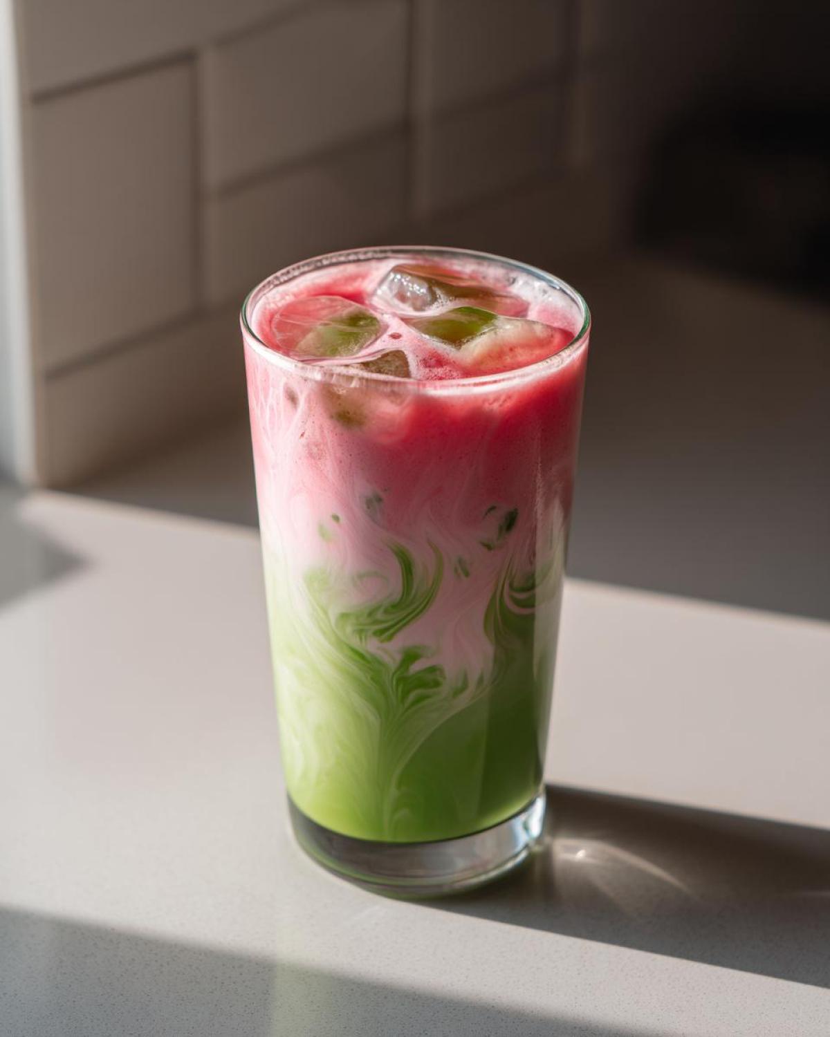 A tall glass of strawberry matcha latte with distinct pink and green layers, ice cubes, and creamy swirls.