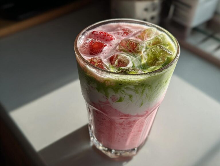 Close-up of a glass of strawberry matcha latte with ice and layered pink and green colors.